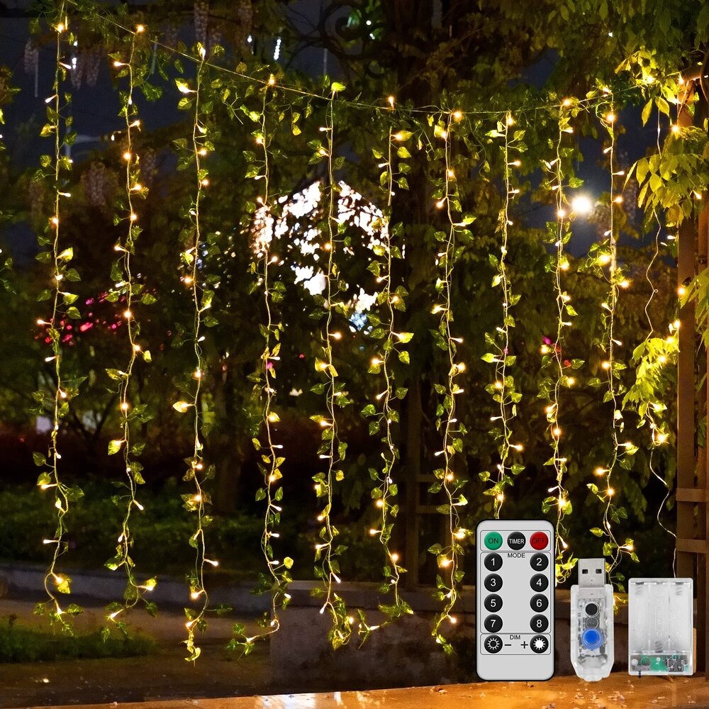 3754 Ivy for Bedroom， 12 Total 240 LED Curtain String Lights， Plant Rattan
